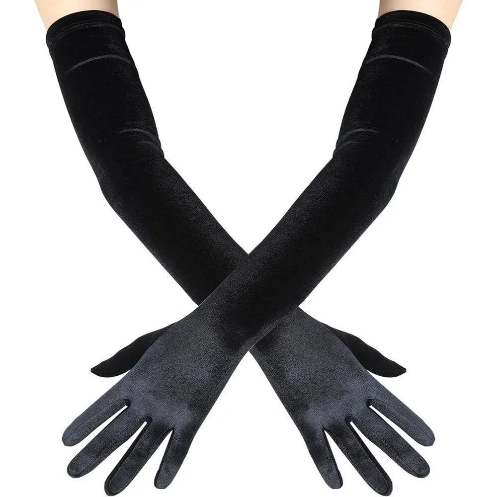Women's Velvet Black Long Gloves Elbow Flapper Costume Party Tea Accessories